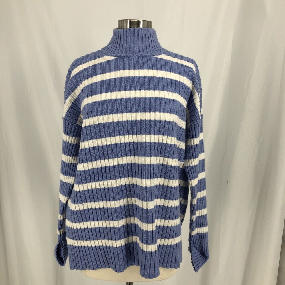 LOFT Womens Sweater Medium Oversize Ivory Blue Stripe Turtleneck